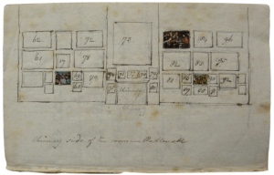 Joseph Farington (British, 1747–1821). Diagram of the picture display at Bryan’s gallery, “Chimney side of the room—Pallmall,” in A Catalogue of the Orleans’ Italian Pictures, 26th of December 1798, and following days. Los Angeles, Getty Research Institute, 880391